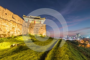 Hwaseong Fortress of Korea in Suwon at Night, South Korea