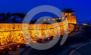 Hwaseong Fortress at night in Suwon