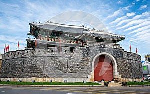 Hwaseong fortress south gate aka Paldalmun gate and sunny blue sky Suwon South Korea