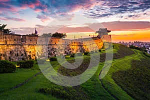 Hwaseong Fortress in Sunset, Traditional Architecture of Korea a