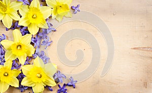 Hyacinth and daffodil on a wooden background
