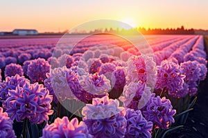 Hyacinth flowers enchant against a backdrop of a fantastic, fiery sunset