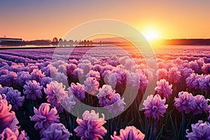 Hyacinth flowers enchant against a backdrop of a fantastic, fiery sunset