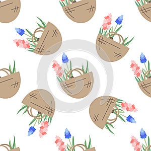 Hyacinth and lavender flowers in canvas bag. Flat vector seamless pattern. Illustration of garden elements