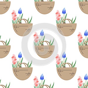 Hyacinth and lavender flowers in canvas bag. Flat vector seamless pattern. Illustration of garden elements