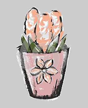 Hyacinth pink in a flower pot. An illustration in the style of a sketch for scrapbooking.