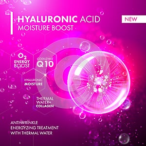 Hyaluronic Acid Moisture Boost. Collagen pink bubble.