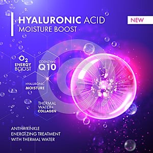 Hyaluronic Acid Moisture Boost. Collagen pink bubble. photo