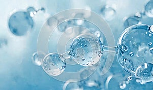 Hyaluronic acid molecules. Hydrated chemicals, molecular structure and blue spherical molecule. Microscope h2o water molecules,