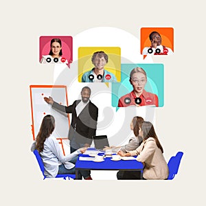 Hybrid business meeting. Team collaborating through virtual and in-person interaction, exchanging ideas, working on photo