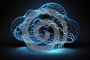 Hybrid Cloud Solutions. Cloud computing industry, cloud platform. Fog computing . Blue neon digital cloud. AI generative