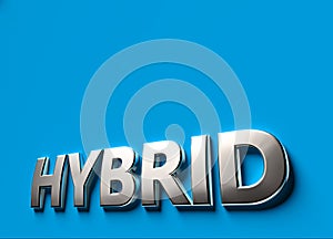 Hybrid 3D sign or logo concept placed on blue surface with copy space above it. New hybrid technologies concept. 3D rendering