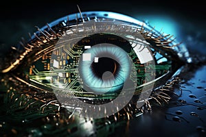 a hybrid of a digital human eye and a lens on a printed circuit board, augmented reality and digital vision of the future and