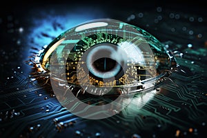 a hybrid of a digital human eye and a lens on a printed circuit board, augmented reality and digital vision of the future and