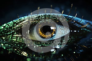 a hybrid of a digital human eye and a lens on a printed circuit board, augmented reality and digital vision of the future and