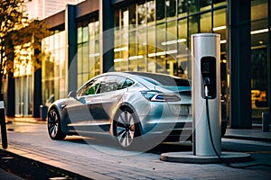 Hybrid electric car at the charging station. The concept of environmentally friendly alternative energy.