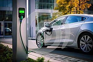 A hybrid electric car silently charging at a charging station. The car uses clean energy without harming the environment