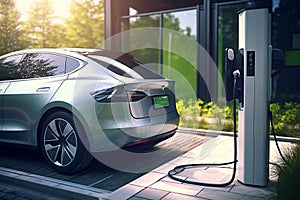 A hybrid electric car silently charging at a charging station. The car uses clean energy without harming the environment