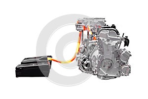 Hybrid EV car engine, Electric motor assist Internal Combustion Engine system isolated on white background