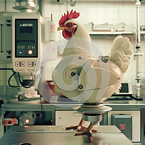 A hybrid image of a chicken roboticized in a high-tech farm house setting
