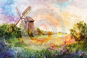 Hybrid landscape with a windmill, half-covered in tundra frost, half in meadow greenery, vibrant afternoon light, dynamic angle,