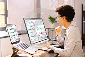 Hybrid laptop on financial market analytics dashboard