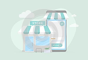 Hybrid shopping concept - customers make purchases both in physical retail and online store. Offline mole building and