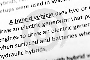 A hybrid vehicle explanation or description in dictionary or article.