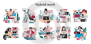 Hybrid work set. Characters with a flexible schedule, working