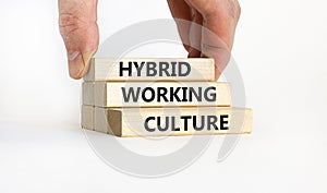 Hybrid working culture symbol. Concept words `hybrid working culture`. Businessman hand. Beautiful white background. Business an