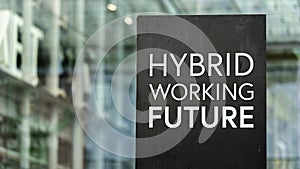 Hybrid working future sign in front of a modern office building