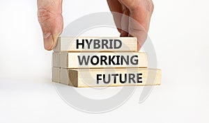 Hybrid working future symbol. Concept words `hybrid working future`. Businessman hand. Beautiful white background. Business and