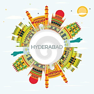 Hyderabad City Skyline with Color Buildings and Copy Space.