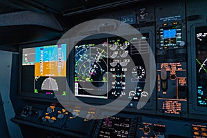 flight deck of the modern Boeing 737-8 MAX airplane with large primary flight display, navigation display and engine instrument