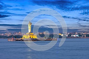 Hyderabad India city skyline at Buddha statue in the Hussain Sagar