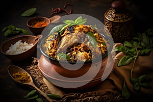 Hyderabadi Chicken Biryani: A spicy and flavorful biryani made with succulent chicken pieces. Generative AI