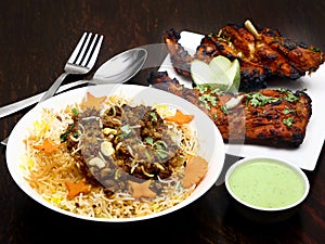 Hyderabadi cuisine Mutton keema biryani, half tandoori chicken