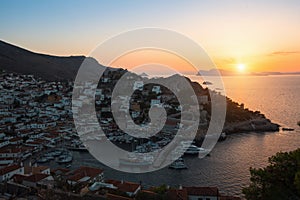 Hydra island at sunset, Aegean sea, Greece. Travel.