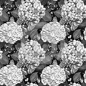 Hydrangea and butterflies. Vintage seamless pattern