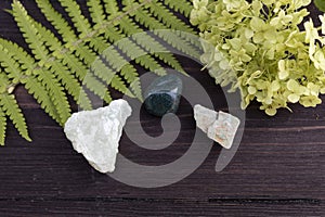 Hydrangea, fern leaf and semi-precious stones.