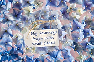 Hydrangea Flat Lay, Quote Big Journeys Begin Small Steps