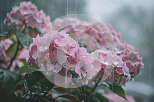Hydrangea flowers with dew. Hortensia battered by small rainfall. Generative AI