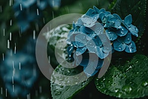 Hydrangea flowers with dew. Hortensia battered by small rainfall. Generative AI