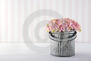 Hydrangea flowers in a metal bucket