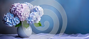 hydrangea flowers in vase on light blue pastel background