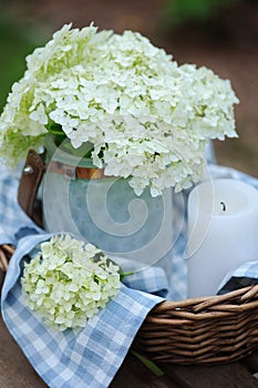 hydrangea flowers in vintage jar with candle and blue tablecloth