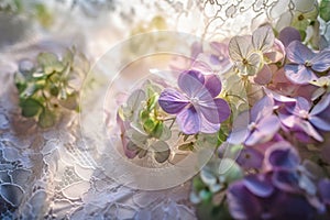 Hydrangea flowers with wedding dress lace. Generative AI illustration