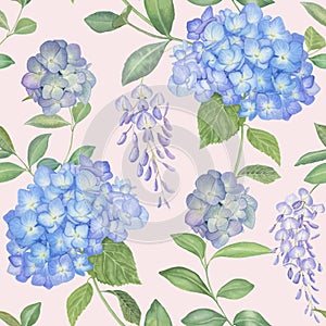 Hydrangea and Glicinia watercolor flowers seamless pattern. Spring Hortensia, Wisteria floral garden. Blue, purple flowers, green
