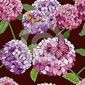 Hydrangea Seamless pattern. Vector hand drawn texture with flowers, butterfly. Botany repeating wallpaper. pink. template cover