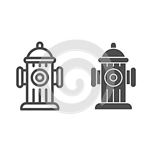 Hydrant line and solid icon. Fireplug or street water pipe outline style pictogram on white background. Firefighting